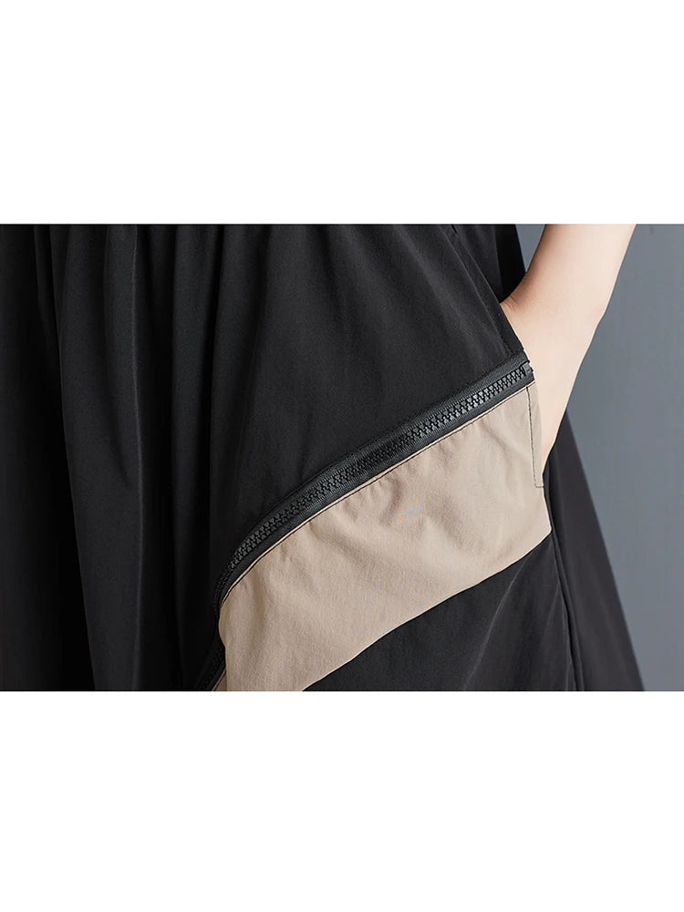 XITAO Contrast Color Patchwork Elastic Waist Skirt Personality Zipper All-match Slimming Pleated Autumn Women Skirt DMJ4154