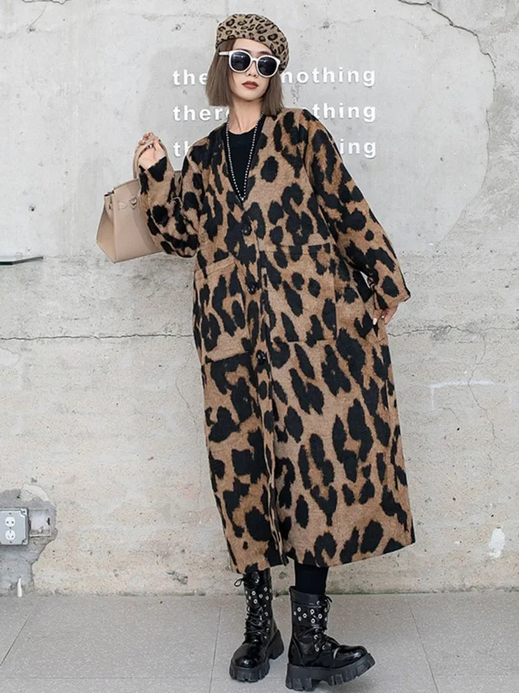 XITAO Leopard Women Blends Contrast Color Splicing Simplicity Temperament V-neck Fashion Autumn Winter 2024 New Coat HJF10107