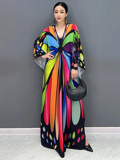 XITAO Loose Print Female Batwing Sleeve Dress Fashion V-neck Contrast Color Women Summer New Casual Irregular Dress ZY8772