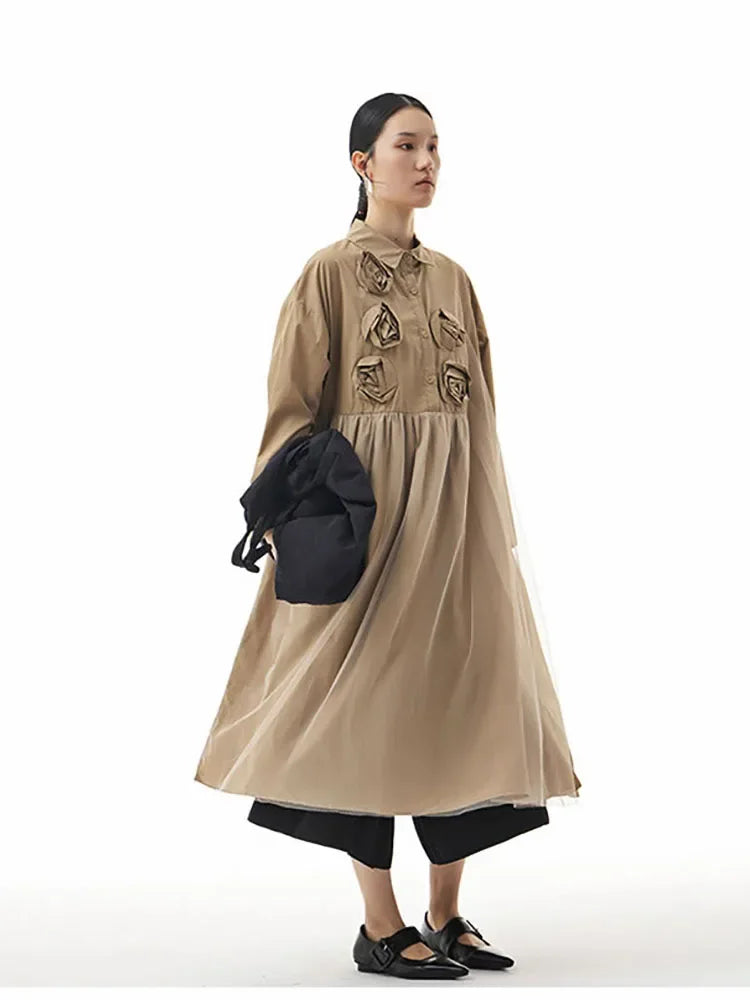 XITAO Loose Pleated Shirt Dress Solid Color Three-dimensional Flowers Splicing Decorate Temperament Turn-down Collar New GWJ3214