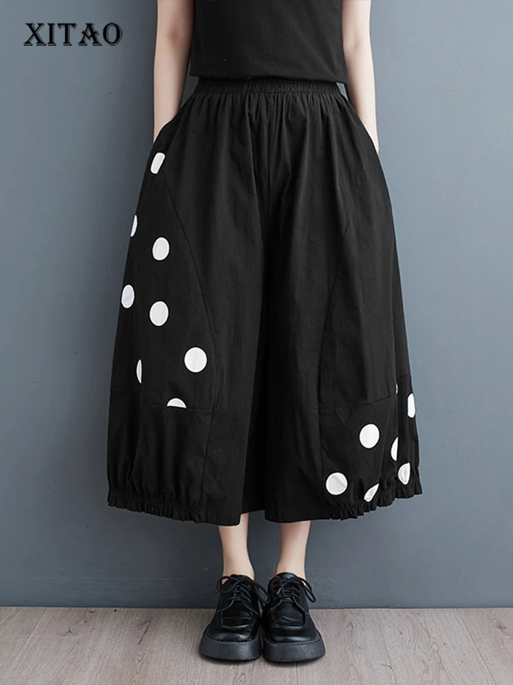 XITAO Irregular Dot Print Wide Leg Pants Loose Fashion Casual Women Casual Simplicity Calf-length Pants Spring New ZY8638