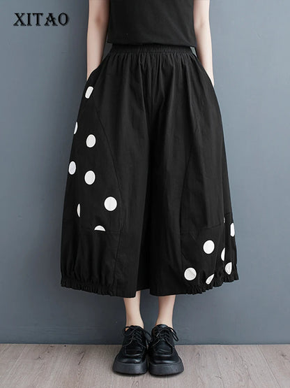 XITAO Irregular Dot Print Wide Leg Pants Loose Fashion Casual Women Casual Simplicity Calf-length Pants Spring New ZY8638