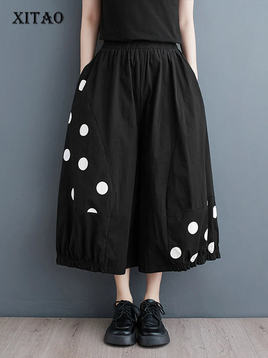 XITAO Irregular Dot Print Wide Leg Pants Loose Fashion Casual Women Casual Simplicity Calf-length Pants Spring New ZY8638