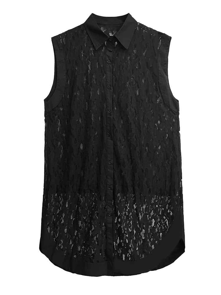 XITAO Sleeveless Lace Shirt Dress Solid Color Perspective Casual Temperament Single Breasted Dress Summer New Women WLD20136