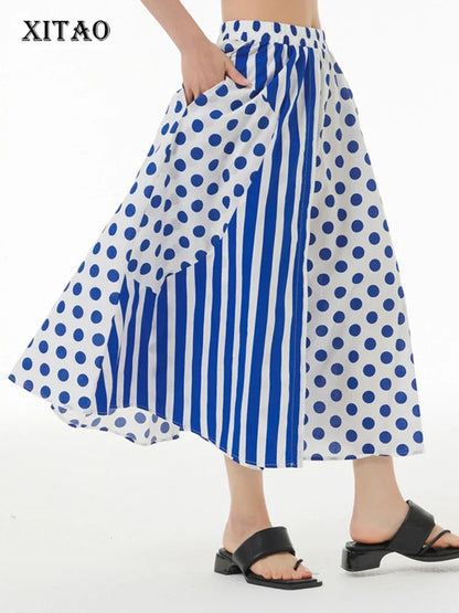 XITAO Patchwork Pocket Striped Dot Skirt Elastic Waist 2024 Summer New Casual Loose Fashion Temperament All Match WLD16735