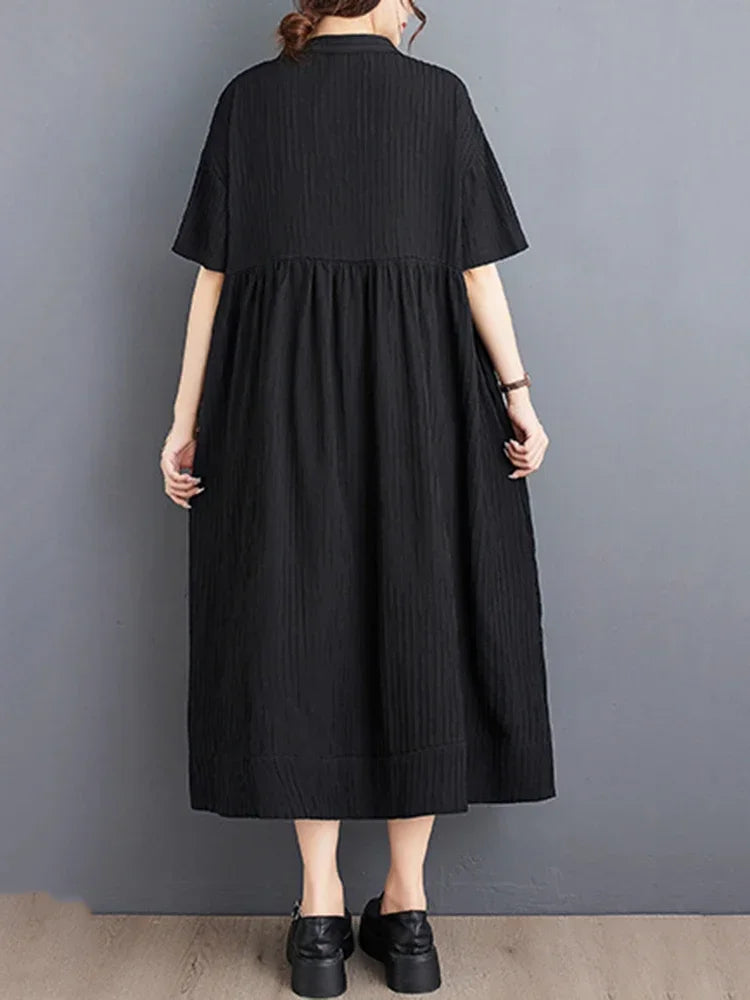 XITAO Loose Stand Collar Dress Temperament Appear Thin Summer New Arrival Casual Fashion Elegant Solid Color Dress HQQ0422