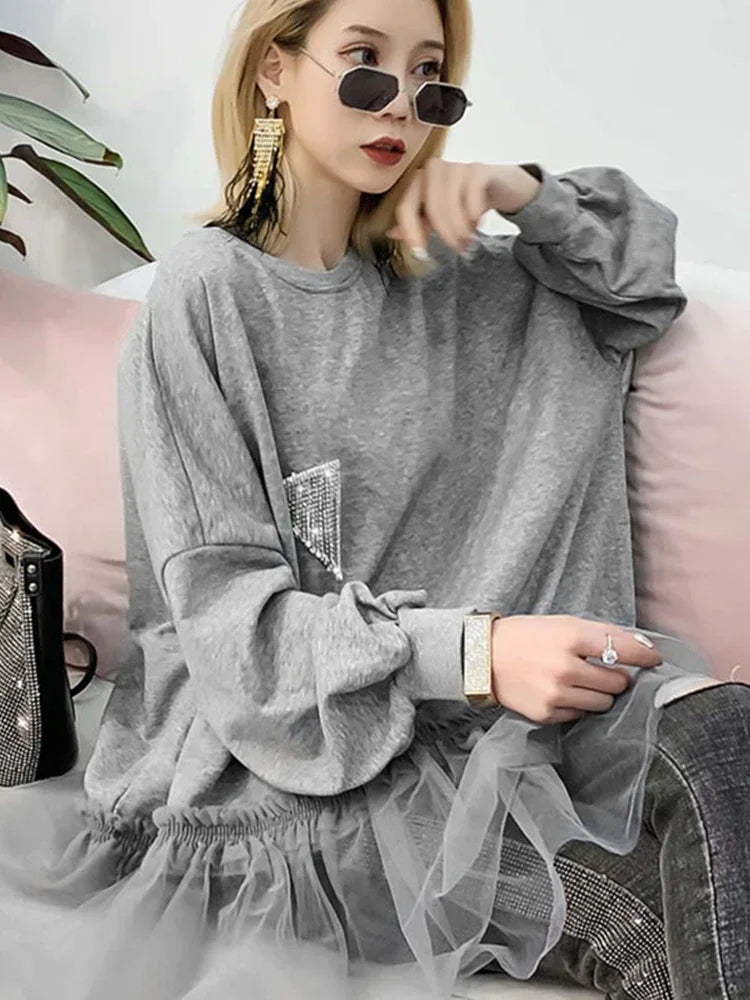 XITAO Tide Patchwork Mesh Pleated Sweatshirt Diamonds Women Clothes Elegant Fashion Pullover Top Autumn Korean  WQR1548