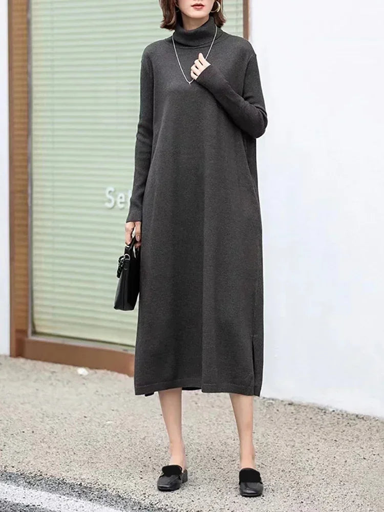 XITAO Knitting Half High Collar Split Dresses Solid Color Pullover Loose Mid-calf Loose Sweaters Dress Spring Casual DMJ3396