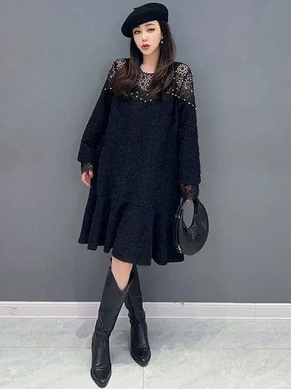 XITAO O-neck Patchwork Lace Dress Temperament Advanced Sense Slimming Loose Fashion 2024 Spring Women New Dress DMJ3289