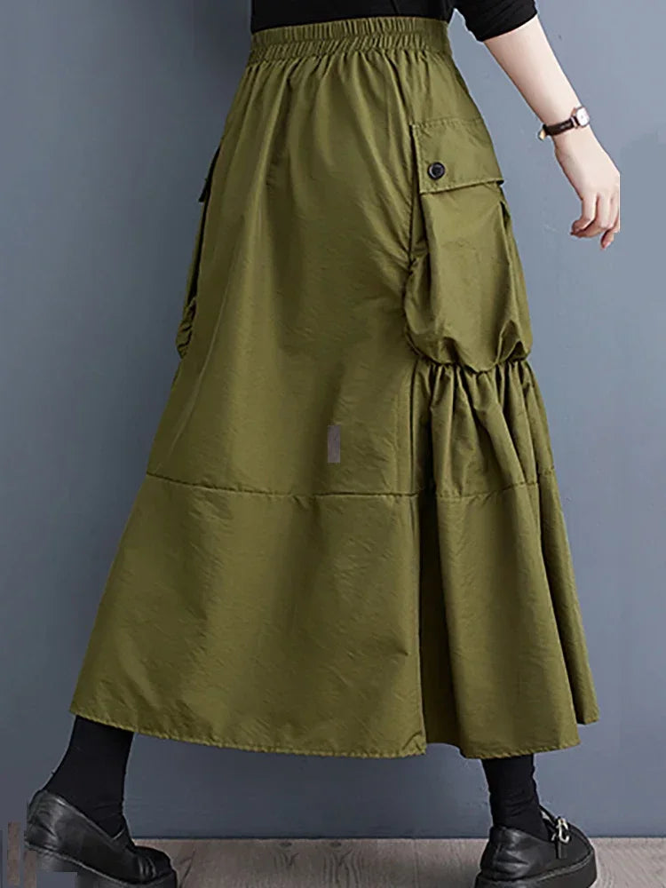 XITAO Personality Folds Patchwork Pocket Skirt Solid Color All-match Women Spring New Arrival Trend Street Wind Skirt LYD1228