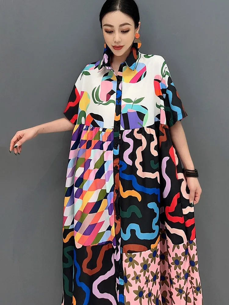 XITAO Print Short Sleeve Single Breasted Female A-line Dress Fashion Patchwork Loose Casual Summer Women New Dress ZY8807