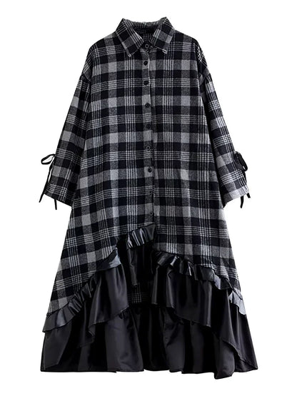 XITAO Asymmetrical Plaid Patchwork Gauze Dress Single Breasted Turn-down Collar Flare Sleeve Slimming 2024 Autumn New LJ1054