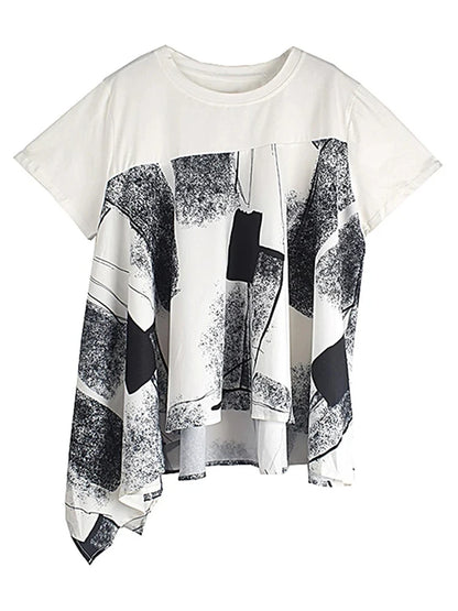 XITAO Loose Asymmetric Print Female T-shirts Casual All-match Trend Patchwork Women Summer New Simplicity O-neck Top GJ1020