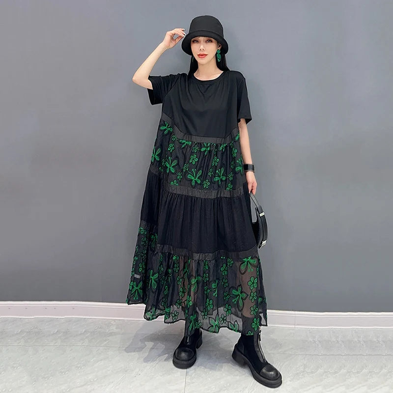 XITAO Lace Embroidery Female Patchwork Dress Fashion Contrast Color Casual Shirt T-shirt Dress 2024 Summer New Women ZY8747