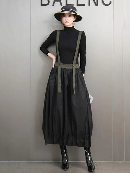 XITAO Suspenders Contrast Color Pocket Skirts Elastic Waist Patchwork Loose Fashion Mid-calf Casual All Match Skirt GMM1259