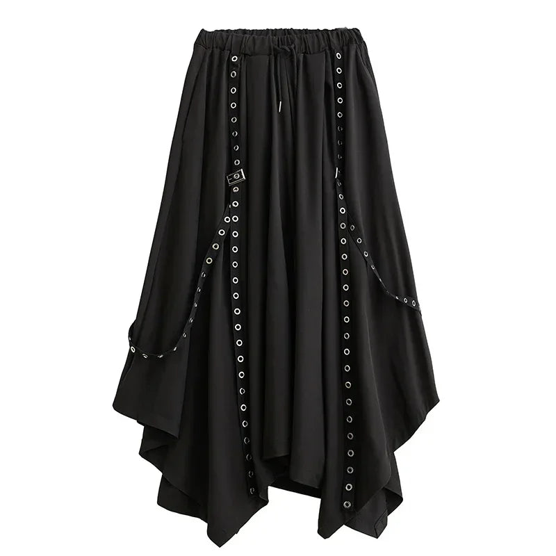 XITAO Irregular Solid Pants Metal Buckle Elastic Waist Wide Leg Pants All-match Spring Fashion Women New Culottes LYD1714