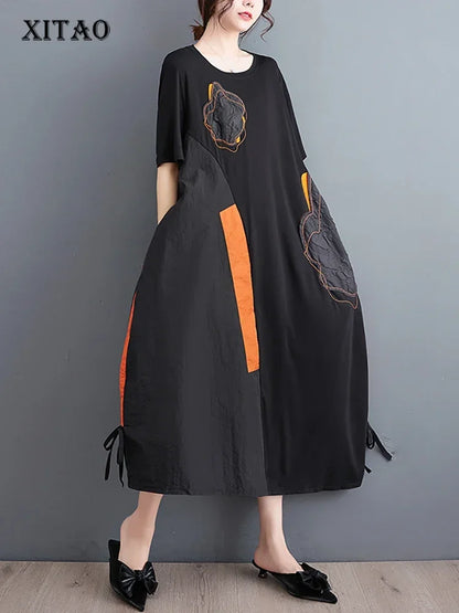 XITAO Patchwork DrawString Dress O-neck Pullover Pocket Show Thin Summer New Arrival Casual Fashion All Match WLD11666