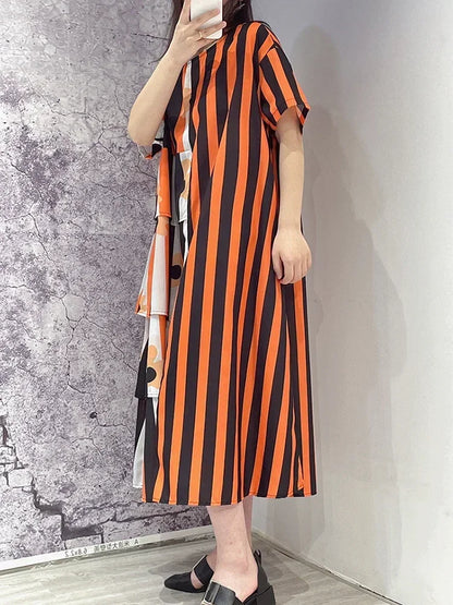 XITAO Asymmetrical Striped Patchwork Dress Loose Fashion Contrast Color O-neck T-shirt Dress Summer Simplicity New Women ZY8453