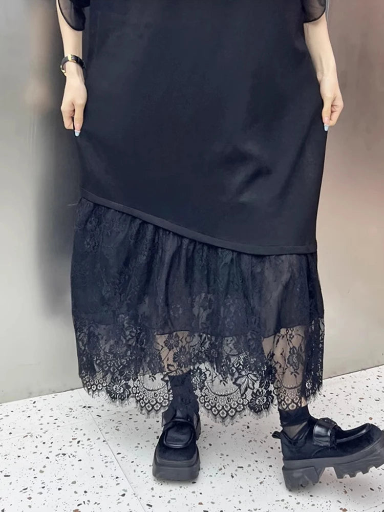 XITAO Black Casual Dress Loose Fashion Lace Patchwork Hem Loose Simplicity Women New Short Sleeve T-shirt Dress HQQ2330