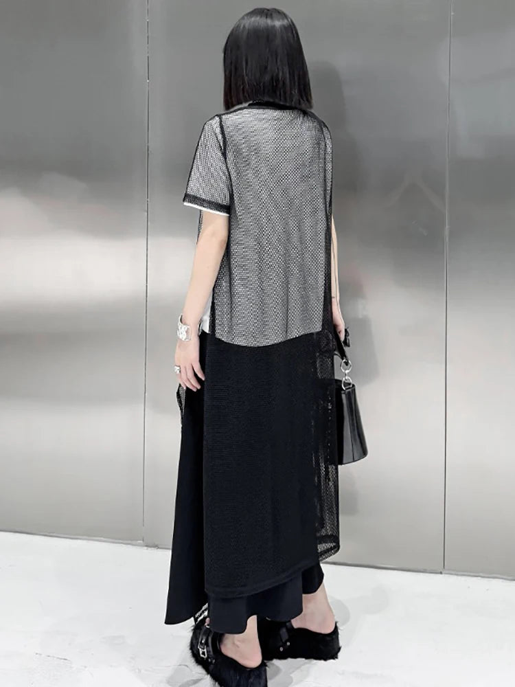 XITAO Asymmetrical Grid O-neck Pullover Dresses Solid Color Short Sleeve T-shirts Loose Fashion All Match 2024 Summer DMJ4116