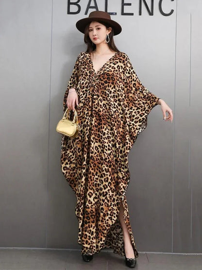 XITAO Leopard Batwing Sleeve Side Split V-neck Dress Pullover Loose Vintage Slim Fashion Ankle-Length All Match Dress GMM1239