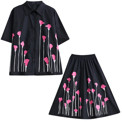 XITAO Casual Dress Sets Contrast Color Print Short Sleeve Shirt Top Skirt Two Pieces Sets Summer New Loose Casual Women DMJ4166