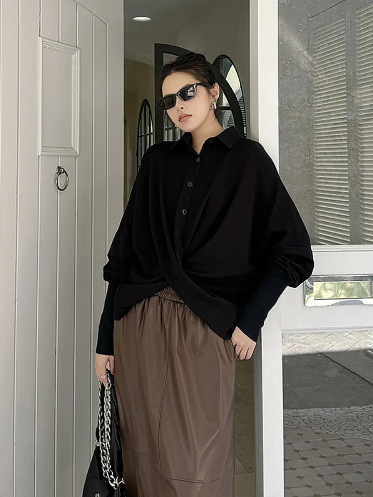 XITAO Single Breasted Pullover Asymmetrical Sweatshirts Solid Color Batwing Sleeve Folds Turn-down Collar Top 2024 Autumn ZY8885