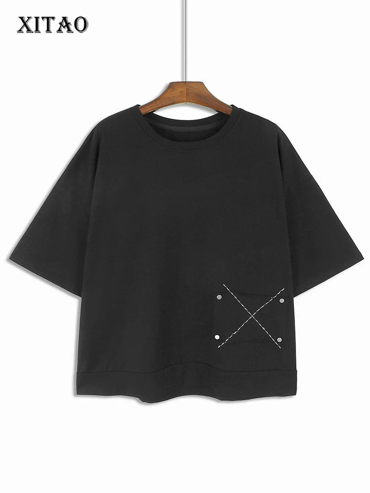 XITAO O-neck Patchwork Pullover T-shirts Solids Color Short Sleeve Loose All Match Top 2024 Summer New Casual Fashion DMJ4104