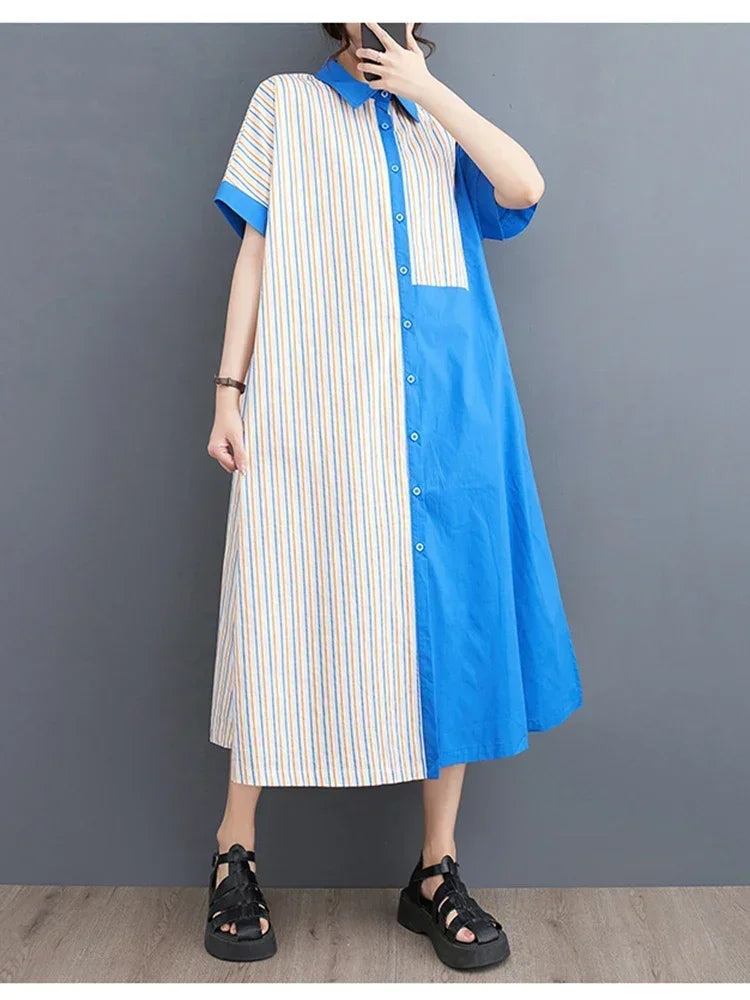 XITAO Striped Dress Fashion Women Goddess Fan Single Breasted Goddess Fan Casual Style Loose Summer Elegant Dress WLD11528