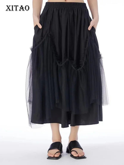 XITAO Mesh Black Skirt High Waist Solid Color Patchwork Minority Loose Elegant 2024 Summer Loose Casual Style Skirt WLD11307