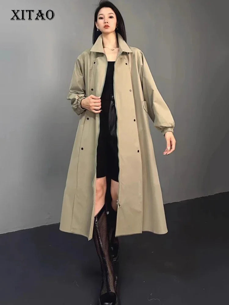 XITAO Casual Solid Color Women Trench New Arrival Turn Down Collar Zipper A-line Loose Female Long Sleeve Fashion Coat GYX1082