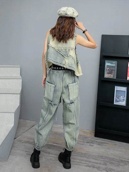 XITAO Vintage Denim Pants Sets Irregular Sleeveless Vest Harem Pants Two Pieces Sets Fashion 2024 Summer New Women SMH1630