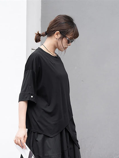 XITAO Asymmetrical Patchwork O-neck T-shirts Solid Color Loose Pullover Short Sleeve Casual Tops 2024 Summer All Match ZY8777