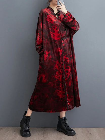 XITAO Velvet Printing Dress Stand Collar Coil Buckle Long Sleeve Vintage Literary Artistic National Style Dress New DMJ3415