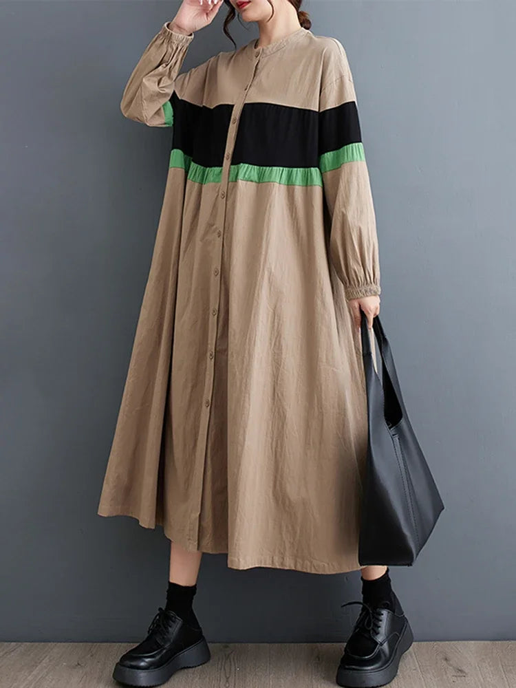 XITAO Loose Casual Patchwork Dress Full Sleeve Casual Fashion Appear Thin Single Breasted Spring Women Dress DMJ2406