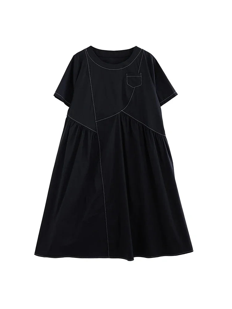 XITAO Patchwork Solid Dress Women Korea Summer New Arrival Personality Fashion Loose O-neck Short Sleeve Dress HQQ0786