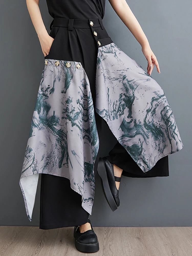 XITAO Tie Dye Print Patchwork Pants Elastic Waist Button Fly Loose Pleated Casual Fashion Pant Summer New All Match HJF8227