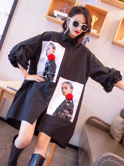 XITAO Print Pattern Blouse Fashion New Women Single Breast Irregular Black Pleated Goddess Fan Casual Shirt WMD1596