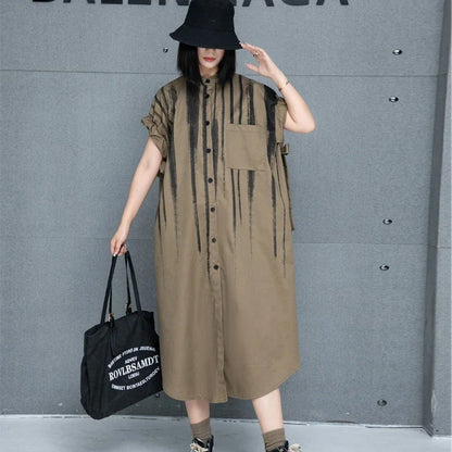 XITAO A-line Casual Print Mid-calf Solid Color Stand Collar Dress Fashion Slimming Loose Fitting Summer Women Dress GMM1054