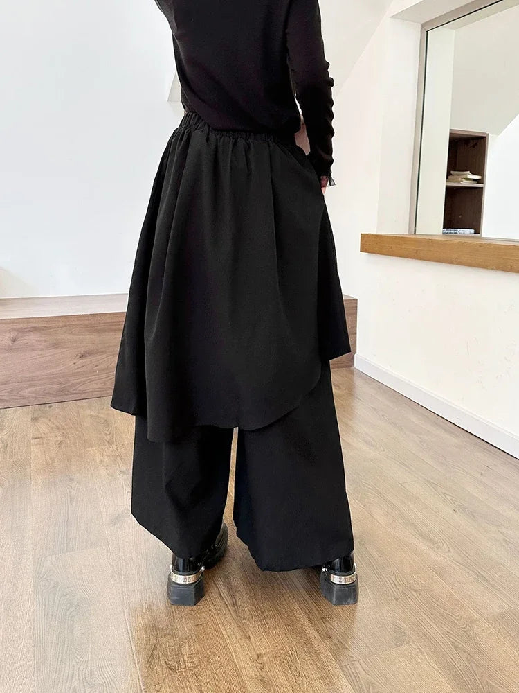 XITAO Casual Loose Fitting Women Wide Leg Pant False Two Pieces Elastic Waist Irregular Patchwork Autumn Female Pant GMM1056