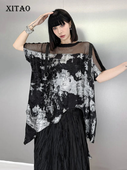 XITAO Asymmetrical T-shirt Personality Tie Dye Mosh Patchwork Women Loose Top Summer Street Trendy Irregular T-shirt ZY8845