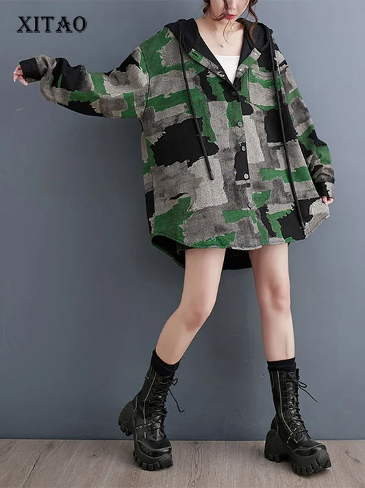 XITAO Camouflage Hooded Single Breasted Jackets Long Sleeve Vintage Loose Fashion Slimming 2024 Spring New Casual  LYD1477