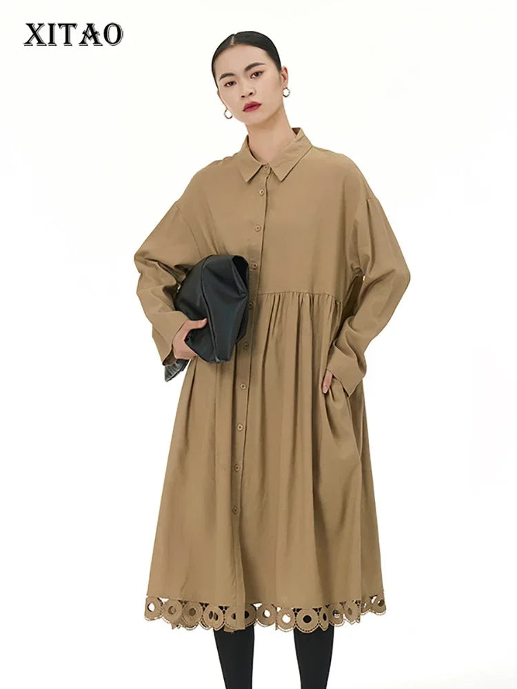 XITAO Solid Color Single Breasted Loose Shirt Dress Turn-down Collar Patchwork Long Sleeve Spring New Casual LYD1107