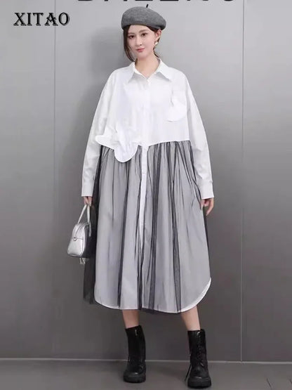 XITAO Gauze Pocket Contrast Color Shirt Dress Side Split Single Breasted Patchwork Turn-down Collar Long Sleeve Casual GMM1261