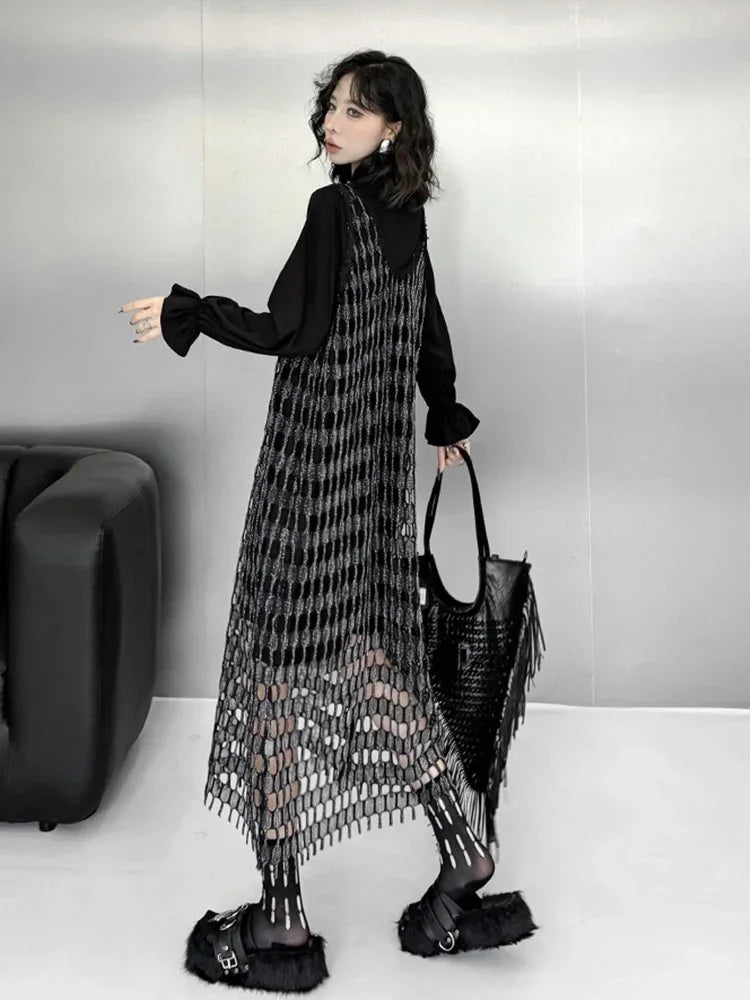 XITAO Gauze Hollow Out Patchwork Two Dresses Solid Color O-neck Long Sleeve Inside Sleeveless Vest Dress 2024 Autumn New HQQ2406