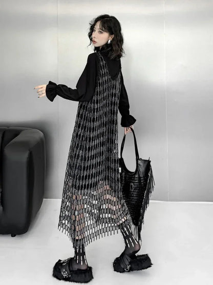 XITAO Gauze Hollow Out Patchwork Two Dresses Solid Color O-neck Long Sleeve Inside Sleeveless Vest Dress 2024 Autumn New HQQ2406