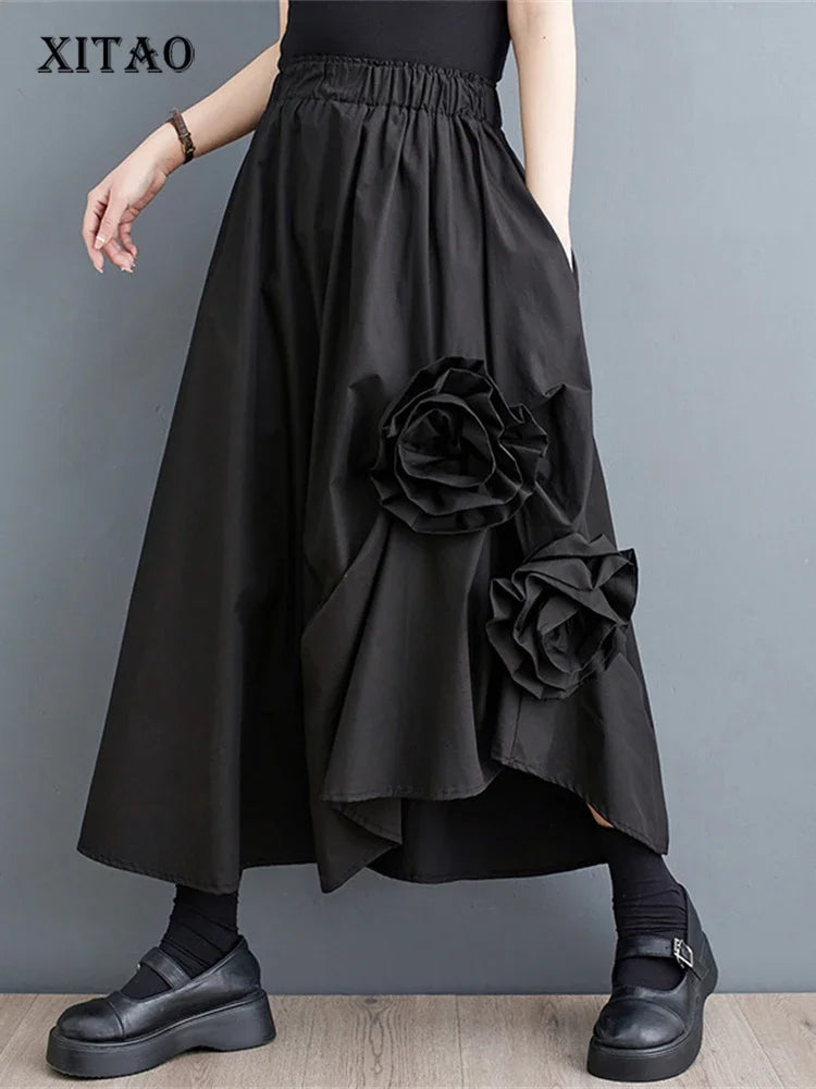 XITAO Floral Black Skirt Fashion Women Elegant Goddess Fan Irregular Elastic Waist Minority Loose Elegant Skirt WLD16640