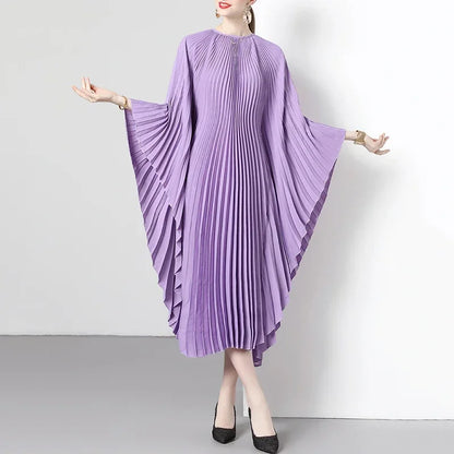 XITAO Pleated Loose Dress Simplicity Temperament Solid Color Bandage Wrist Bat Wing Sleeve Dress Spring New Women HQQ0973