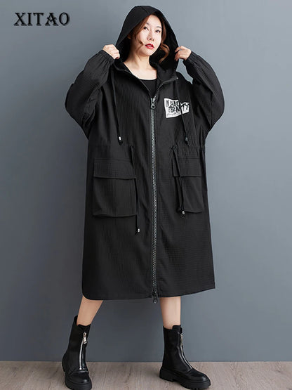 XITAO Hooded Zipper Drawstring Pocket Elastic Sleeve Coat Loose Full Sleeve Personality Print Autumn Female Trench GMM1207