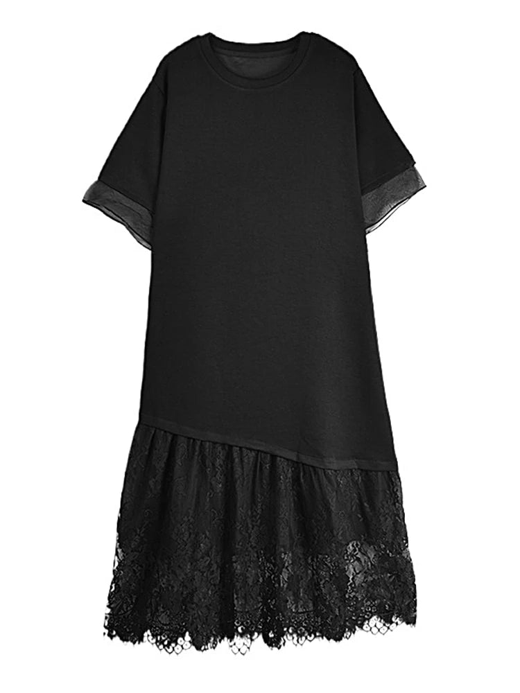 XITAO Black Casual Dress Loose Fashion Lace Patchwork Hem Loose Simplicity Women New Short Sleeve T-shirt Dress HQQ2330